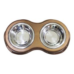 Plastic Framed Double Diner Pet Bowl in Stainless Steel; Large; Gold and Silver-Set of 2