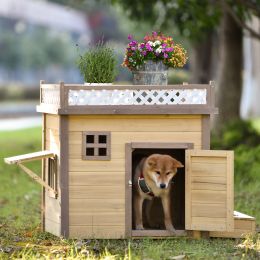 31.5' Wooden Dog House Puppy Shelter Kennel Outdoor & Indoor Dog crate, with Flower Stand, Plant Stand, With Wood Feeder